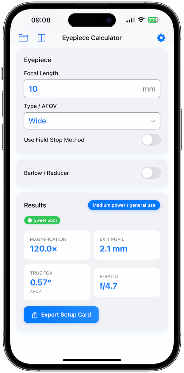 telescope-calculator screenshot 2